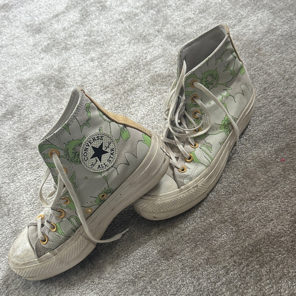 Converse High Top Sneakers in White with Green Floral Print
